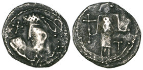 Early Anglo-Saxon, Secondary Phase (c.710-60), Series L sceat, type 18, diademed bust left, with cup and cross above, rev., standing figure in crescen...