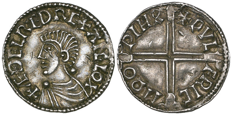 Aethelred II (978-1016), long cross type penny, Worcester mint, moneyer Wulfric,...