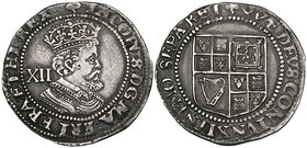 James I, third coinage, shilling, m.m. trefoil, sixth bust, 5.70g (N. 2124; S. 2668), slightly off-centre on obverse, toned, very fine. Ex Spink Numis...