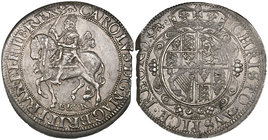Charles I, York mint, halfcrown, group 2 (Type 7), m.m. lion (1642-4), King on horseback left, horse with tail between legs, EBOR below rev., crowned ...