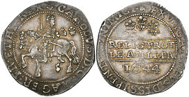 Charles I, Bristol mint, halfcrown, 1644, m.m. plume/Br, horseman wearing curious flat crown, without groundline, rev., Declaration in two lines, thre...