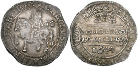 Charles I, Bristol mint, halfcrown, 1644, m.m. plume/Br, ‘Bristol’ horseman, without groundline, small Shrewsbury plume behind, rev., Declaration in t...