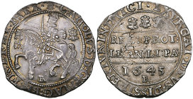 Charles I, Bristol mint, halfcrown, 1645, m.m. plume/Br, ‘Bristol’ horseman, Br below, large Bristol plume, rev., Declaration in two lines, three plum...
