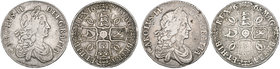 Charles II, crowns (2), 1668, second bust, edge vicesimo (E.S.C. 373 [36]; S. 3357); 1671, second bust, no stop after HIB, edge v. tertio (E.S.C. 382 ...