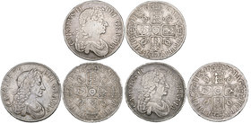 Charles II, crowns (3), 1676, third bust, no stop after hib, edge v. octavo (E.S.C. 397 [51]; S. 3358); 1677, third bust, edge v. nono (E.S.C. 398 [52...