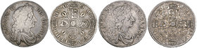 Charles II, halfcrowns (2), 1672, fourth bust, edge v qvarto (E.S.C. 460 [472]; S. 3366); 1673, fourth bust, no stop after hib, f of fra over on rever...