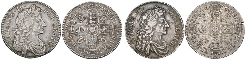 Charles II, halfcrowns (2), 1676, retrograde 1 in date, fourth bust, edge v. oct...