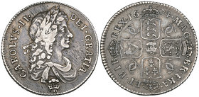 Charles II, shilling, 1674, second bust, with plume below and in centre of reverse, (E.S.C. 1040 [R2]; S. 3376), has been mounted, fine to very fine, ...