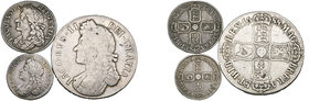 James II (1686-1688), crown, 1687 8 over 7, edge qvarto (E.S.C. 747 [81]; S.3407); shilling, 1685, (E.S.C. 760 [1068]; S. 3410); sixpence, 1686, no st...