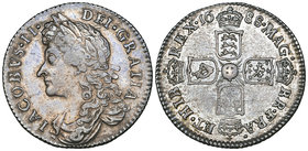 James II, sixpence, 1688, rev., later type altered shields (E.S.C. 1528; S. 3413), good very fine, dark toned

Estimate: GBP £200 - £250