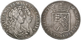 William and Mary, halfcrown, 1689, first busts, first shields (E.S.C. 826 [503]; S. 3434), haymarked and with a few scuffs, about very fine

Estimat...
