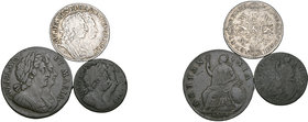 William & Mary, shilling, 1692, 9 over 0?, with stop after gra and regina (cf. E.S.C. 868 [1076]; S. 3437); together with halfpenny, farthing, both 16...