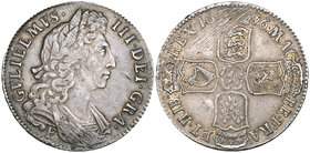 William III, halfcrown, 1696-E, Exeter mint, first bust, E below rev., large shields with early harp, edge OCTAVO (E.S.C. 1070 R2 [526]; S. 3484), ton...
