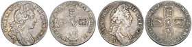 William III, shilling, 1697-B, Bristol mint, first bust (E.S.C. 1161, R4 [1095]; S. 3498); sixpence, 1696-Y, York mint, first bust, ‘y’ in script, sto...