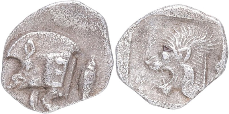 450-400 aC. MYSIA (Kyzikos). Óbolo. SNG BN 378. Ag. 0,71 g. Parte delantera del ...