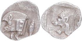 450-400 aC. MYSIA (Kyzikos). Óbolo. SNG BN 378. Ag. 0,71 g. Parte delantera del jabalí a la izquierda, con Ǝ en el hombro; a la derecha, atún hacia ar...