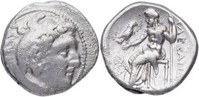 323-319 aC. Alejandro Magno (336-323 aC). Teos. Dracma. Sears 1655. Ag. 4,25 g. Cabeza de Heracles a derecha con piel de león /Zeusen trono sentado a ...