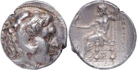 312-281 aC. Imperio Seléucida. Seleukos I Nikator. Tigris. Tetradracma. Ag. 17,06 g.  Cabeza a derecha con piel de león / Zeus sentado a izquierda con...
