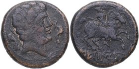 Siglo III aC. Hispania. SECAISA. As.  AB-2131. Ae. 10,82 g. Cabeza masculina a derecha, entre dos delfines /Jinete con lanza a derecha, debajo leyenda...