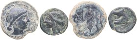 As: 220-20 aC/Calco: 220-215 aC. Ceca As: Obulco/ Ceca Calco: Cartagonova. Lote de dos monedas: As y Calco. AB 1820. Fab 515. AS:Cabeza femenina a la ...