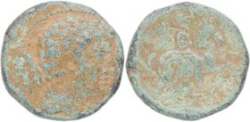 218-12 aC. Cese (Tarragona). As. AB 2272. V. XXXI, 1. Ve. 9,89 g. Cabeza masculina a derecha, detras timón /Jinete con palma a derecha, debajo leyenda...