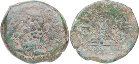 200-20 aC. Malaca. As. FAB 1729. Cu-Ni. 11,40 g. Cabeza de personificación de Vulcano a izquierdas, detrás tenazas, delante leyenda púnica /Cabeza de ...