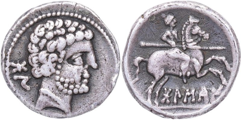 180-20 aC. Bolscan. Denario. FAB 1911. Ag. 4,16 g. Cabeza barbada a derecha, det...