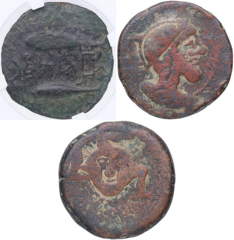 150-20 aC. Iliberri. As. FAB 1507. Cu-Ni. 17,77 g. Cabeza masculina a la derecha...