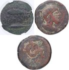 150-20 aC. Iliberri. As. FAB 1507. Cu-Ni. 17,77 g. Cabeza masculina a la derecha con casco, delante palma
  /Triscela bajo ella, leyenda ibera ILBeRIR...