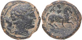 120-20 aC. Secaisa. As. AB 2124. Cu . 16,12 g. Cabeza masculina a la derecha (busto grande) detrás leona /Jinete al galope a la derecha con Aquila, en...