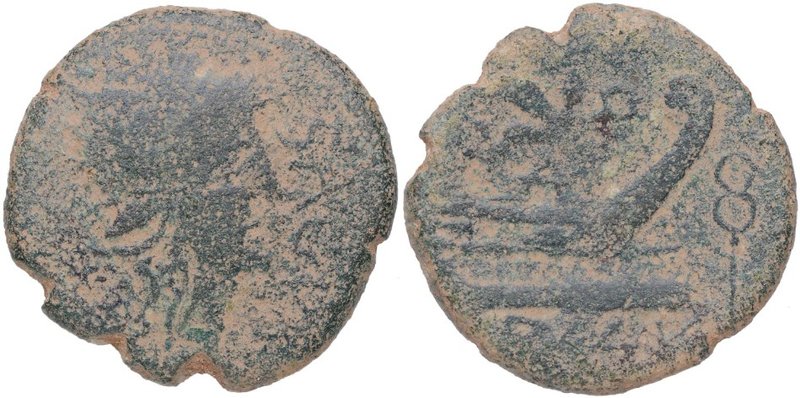 50-20 aC. Arse (Sagunto). As. AB 2078. Cu-Ni. 17,28 g. SAGV – NTINV, Cabeza gale...
