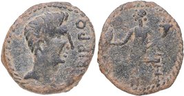 30 aC. Irippo. As. AB 1581. Cu-Ni. 4,90 g. Cabeza masculina descubierta a la derecha, delante IRIPPO /Deidad femenina drapeada, sedente sobre trono a ...