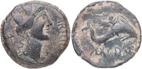 27 aC – 14 dC. Carteia. Semis. AB 670. Ae. 3,31 g. Cabeza femenina con corona mural a la derecha, delante CARTEIA, detrás tridente /Eros cabalgando un...