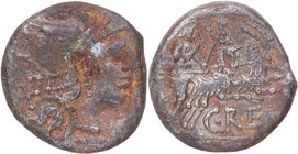 138 aC. Familia "Gens Renia". Denario. Craw 231-1. Ag. 3,58 g. Cabeza de la personificación de Roma galeada a la derecha, detrás X /Personificación de...