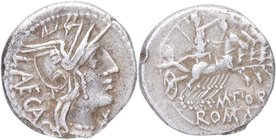 125 aC. Familia "Gens Porcia". Denario. Craw 270-1 . Ag. 3,70 g. Cabeza de la personificación de Roma galeada a la derecha, detrás LAECA, delante Ӿ /P...