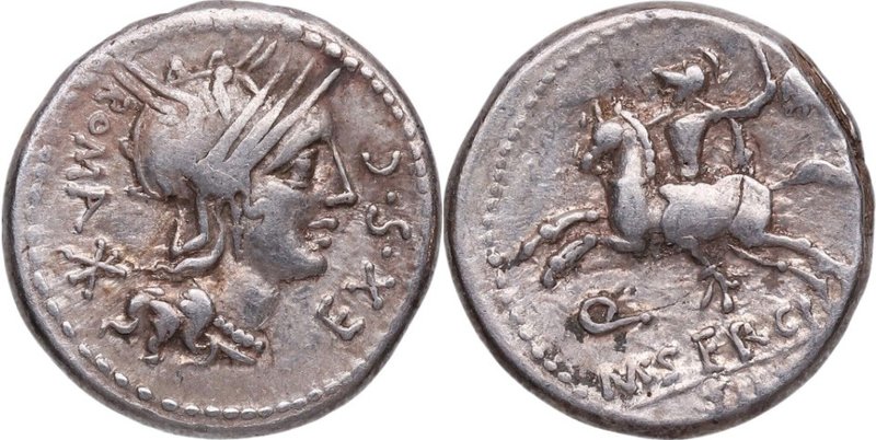 116-115 aC. Familia Sergia. Norte de Italia. Denario. FFC 1111. Ag. 3,90 g. EBC....