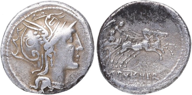 110 -109 aC. Familia "Gens Claudia". Denario. Craw 300 – 1. Ag. 3,70 g. Cabeza d...