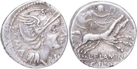 109-108 aC. Familia "Gens Flaminia". Denario. Craw 302-1. Ag. 3,95 g. Cabeza de personificación de Roma galeada a la derecha, detrás ROMA, delate X /P...