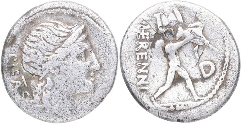 108-107 aC. Familia "Gens Herennia". Denario. Craw 308-1b. Ag. 2,96 g. Cabeza de...