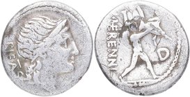 108-107 aC. Familia "Gens Herennia". Denario. Craw 308-1b. Ag. 2,96 g. Cabeza de la personificación de Pietas a la derecha, detrás PIETAS /Amphinomus ...