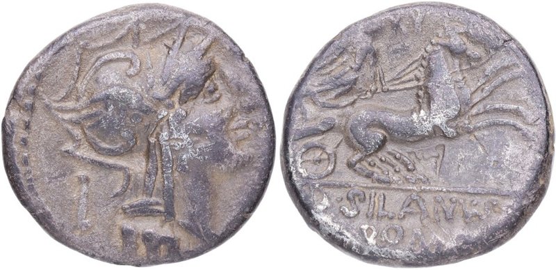 91 aC. Familia "Gens Junia". Denario. Craw 337-3var. Ag. 3,59 g. Cabeza de la pe...