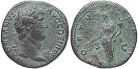 134-138 dC. Adriano (117-138). Roma. Sestercio. RIC II Hadrian 759e. Ae. 23,80 g. HADRIANVS – AVG COS III P P: Busto de Adriano, laureado, cubierto so...