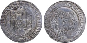 1469-1504. Reyes Católicos (1469-1504). Granada. 1 Real. AC.-316. Ag. 3,43 g. "FERNANDVS ET ELISABET", escudo entre dos estrellas /REX ET REGINA CAST ...