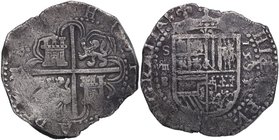 1593. Felipe II (1556-1598). Sevilla. 8 Reales. B. AC.-249. M15425 . Ag. 26,83 g. Escudo de armas coronado sin escusón de Portugal entre S (ceca) sobr...