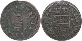 1664. Felipe IV (1621-1665). Coruña. 16 Maravedís. R. J&S M-132. Ve. 4,29 g. MBC+ / EBC-. Est.30.