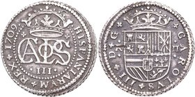 1709. Carlos III, Pretendiente (1701-1714). Barcelona. 2 Reales. Cy 7981. Ag. 5,08 g. Pátina oscura. MBC. Est.70.