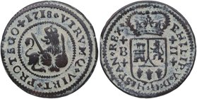1718. Felipe V (1700-1746). Barcelona. 2 Maravedís. Cy 8061 incorrectamente como Burgos. Ve. 4,44 g. Flor después de REX. MBC. Est.20.