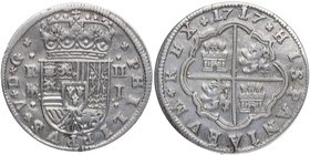 1717. Felipe V (1700-1746). Segovia-J. 2 Reales. Calicó 1387. Ag. 5,70 g. Escudo de armas de Felipe V, entre R sobre ceca y valor II sobre ensayador. ...