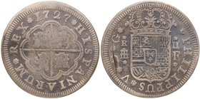 1727. Felipe V (1700-1746). Segovia. 2 Reales. F. Cu-Ni. 4,53 g. Falsa de época en cobre. MBC-. Est.20.