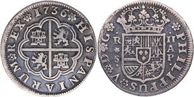1736. Felipe V (1700-1746). Sevilla. 2 Reales. AP. Cy 8855. Ag. 5,70 g. MBC. Est.70.